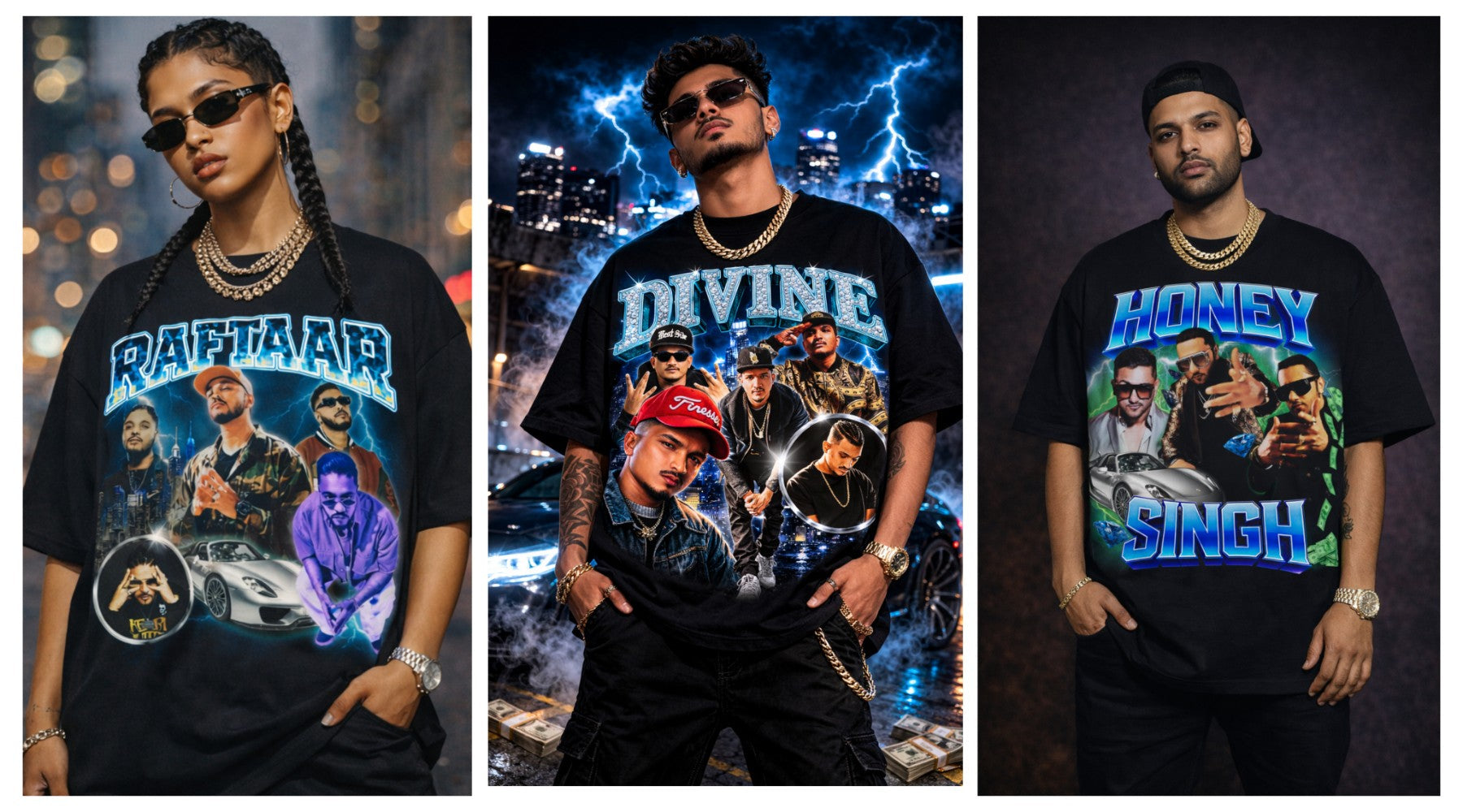 Indian hip hop streetwear inspired by Desi rap culture featuring oversized graphic tees from the Riot Threadz Indian Streetwear Collection.