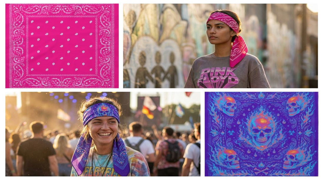 Streetwear bandana by Riot Threadz styled for festival and rave fashion, bold graphic face and head bandana inspired by urban street culture.