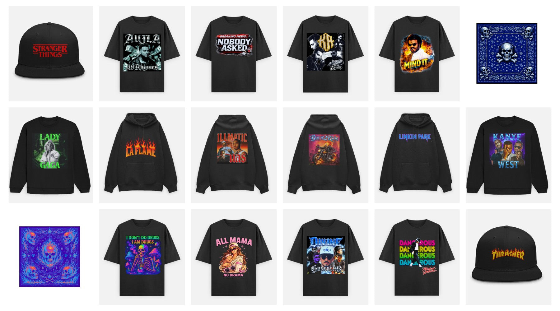 Riot Threadz streetwear collection featuring bold graphic tees, oversized hoodies, statement sweatshirts, bandanas, and snapbacks