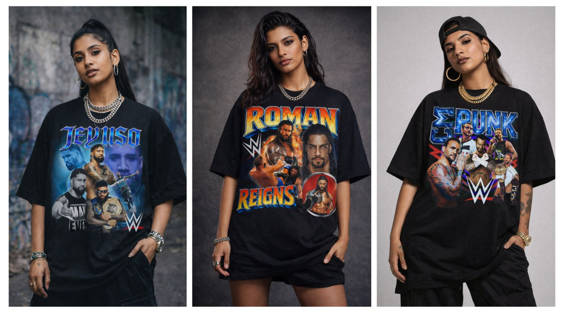 WWE vintage wrestling oversized graphic tee capturing ring energy in modern streetwear style