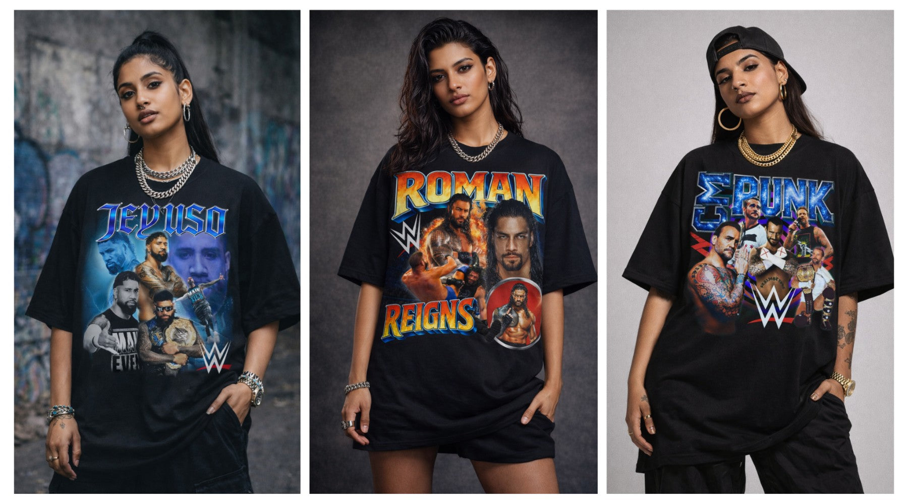 WWE vintage wrestling oversized graphic tee capturing ring energy in modern streetwear style