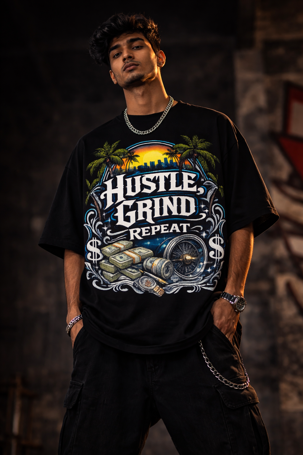 Hustle Grind Repeat Unisex Oversized Klassisches T-Shirt