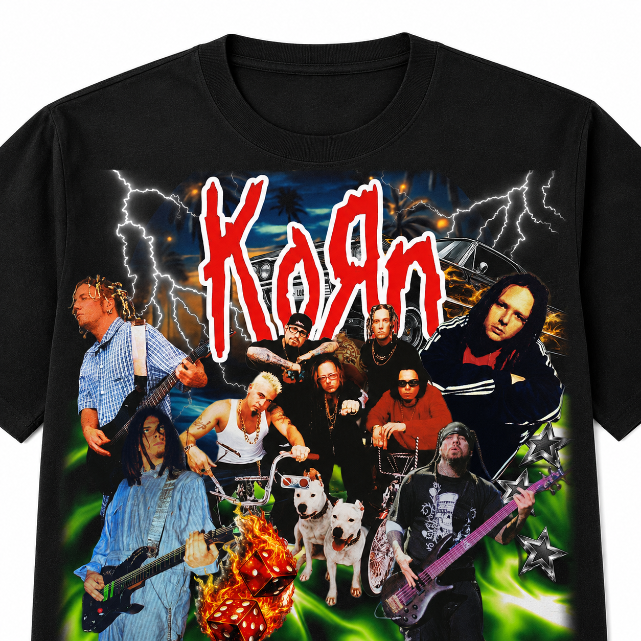 Korn Unisex Oversized Graphic T-Shirt With Toxic Green Chaos Collage Design Close Up