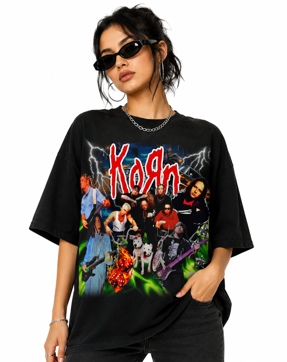 Korn Unisex Oversized Graphic T-Shirt With Toxic Green Chaos Collage Design Female Model