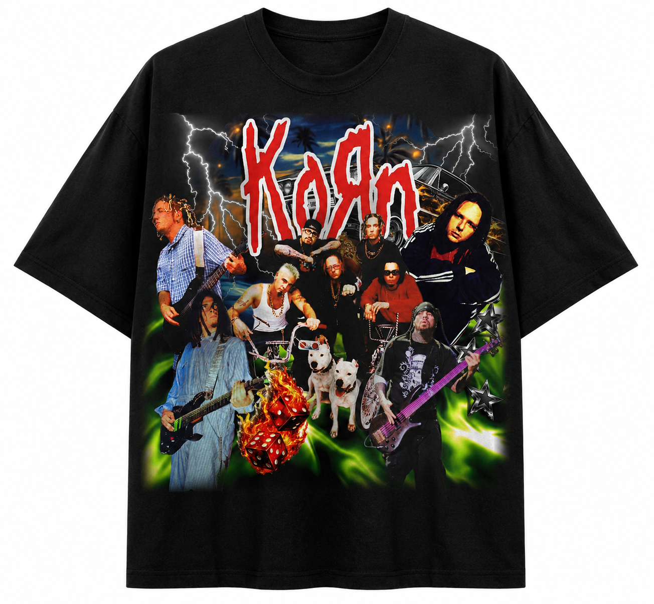 Korn Unisex Oversized Graphic T-Shirt With Toxic Green Chaos Collage Design Front 