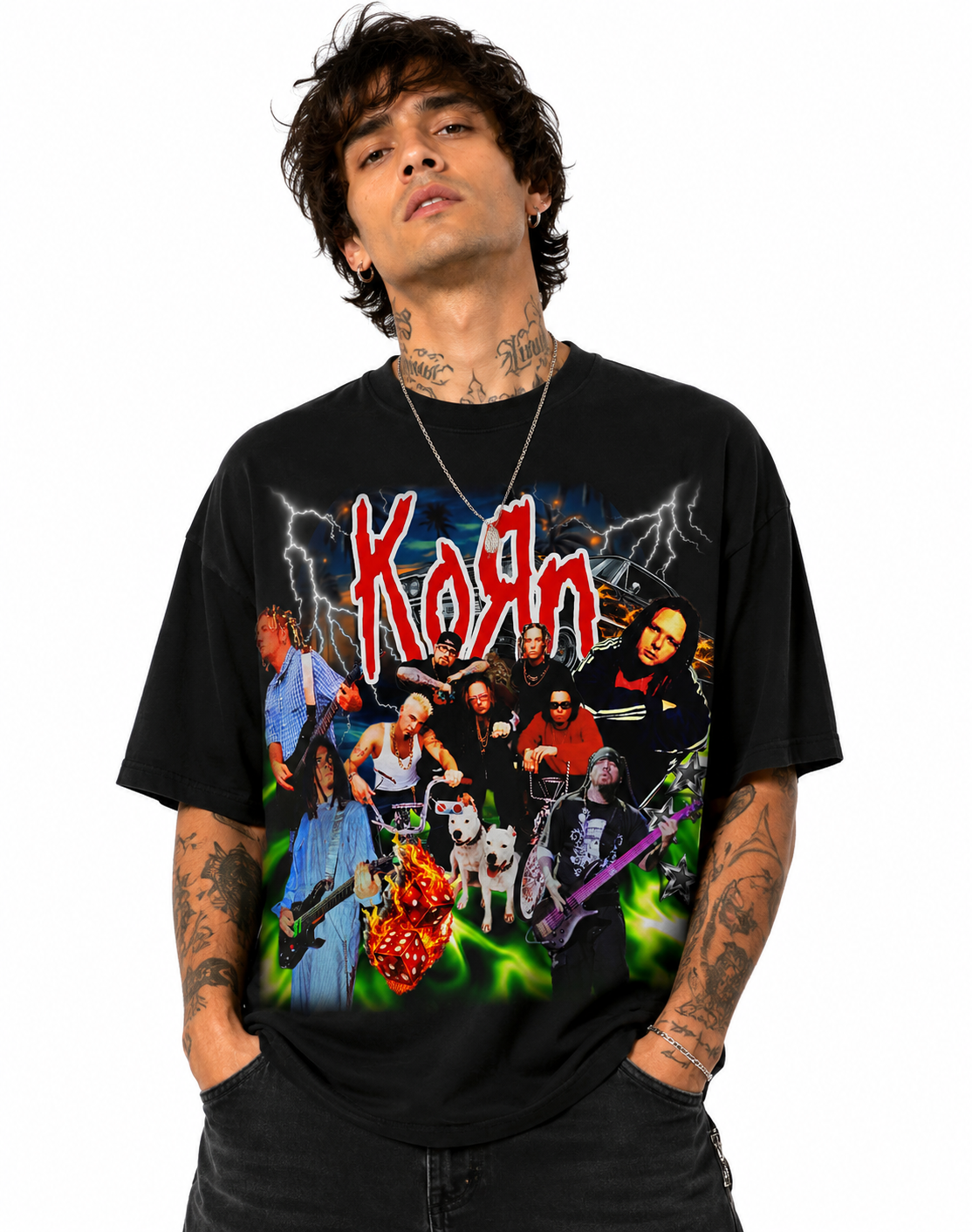 Korn Unisex Oversized Graphic T-Shirt With Toxic Green Chaos Collage Design Male Model