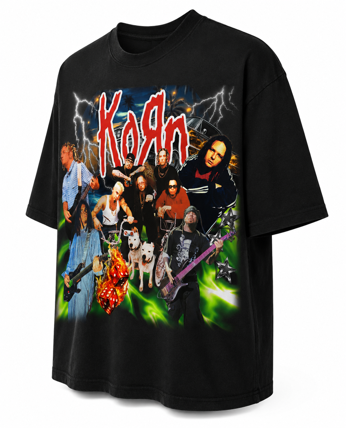 Korn Unisex Oversized Graphic T-Shirt With Toxic Green Chaos Collage Design Side