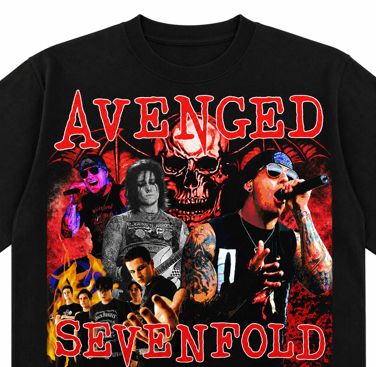 Avenged Sevenfold Unisex Oversized Graphic T-Shirt Infernal Red Band Collage Design Close-Up