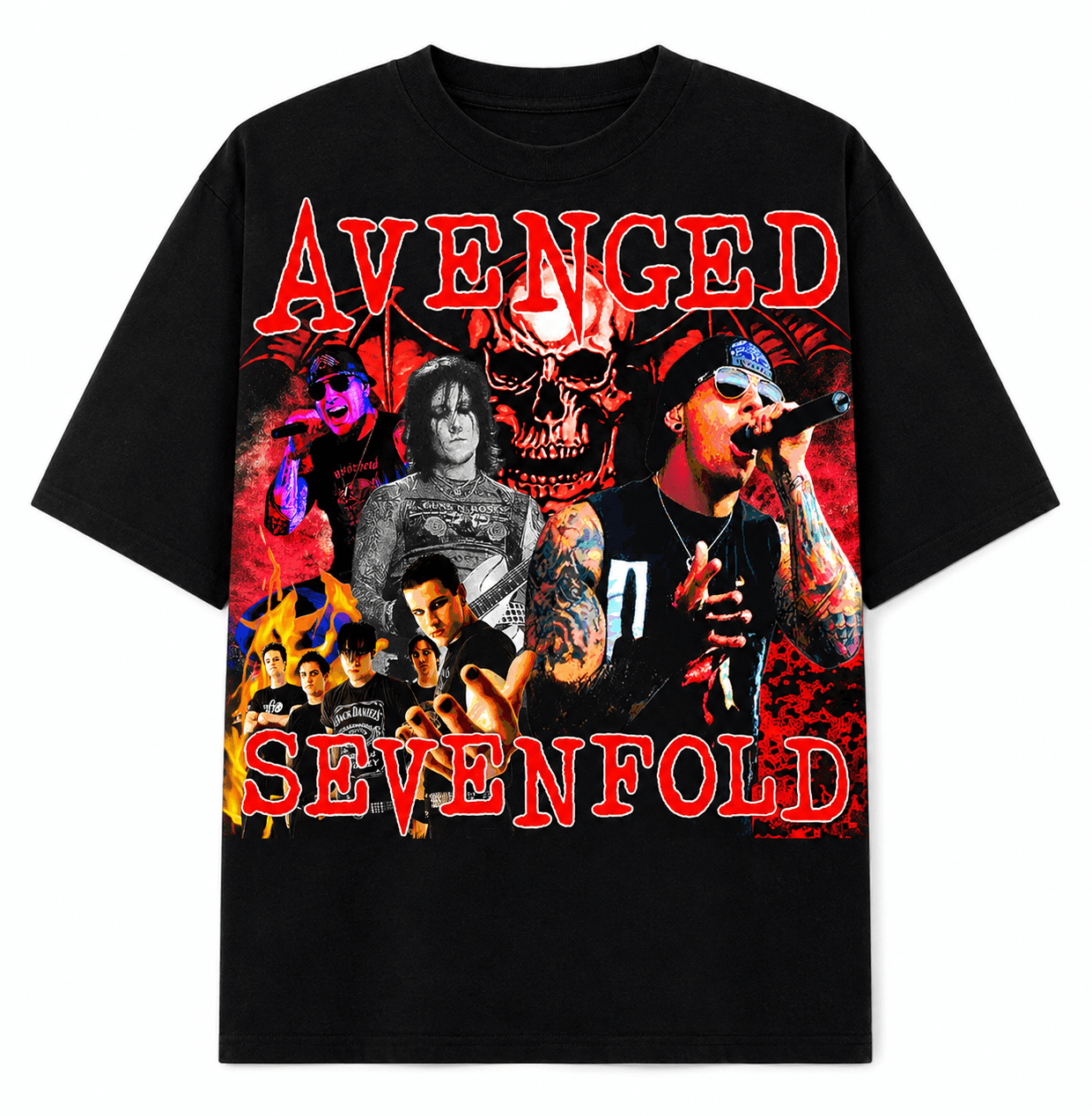 Avenged Sevenfold Unisex Oversized Graphic T-Shirt Infernal Red Band Collage Design Front 