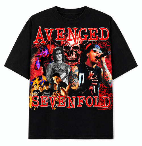 Avenged Sevenfold Unisex Oversized Graphic T-Shirt Infernal Red Band Collage Design Front 