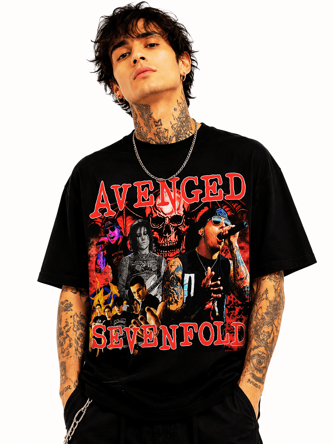 Avenged Sevenfold Unisex Oversized Graphic T-Shirt Infernal Red Band Collage Design Male Model