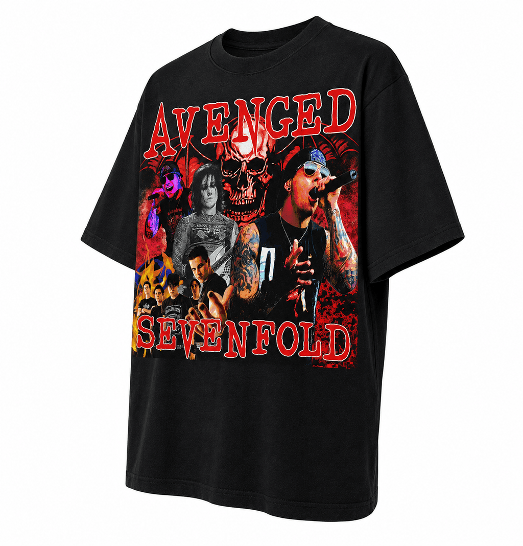 Avenged Sevenfold Unisex Oversized Graphic T-Shirt Infernal Red Band Collage Design Side