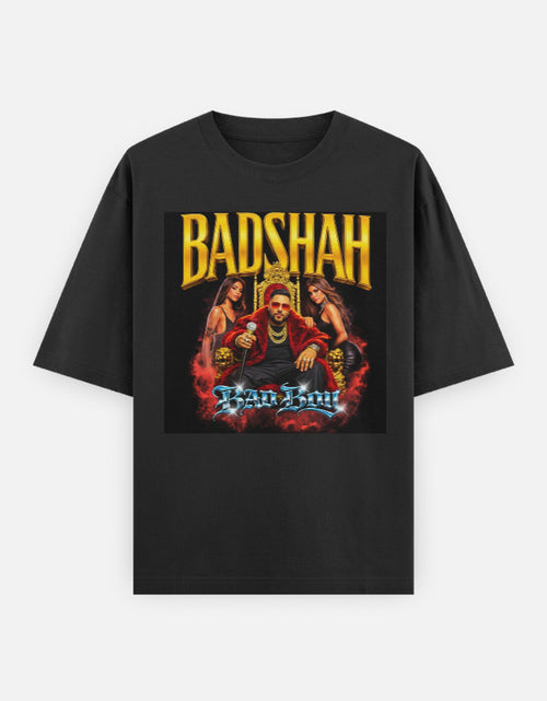 Badshah King Indian hip hop unisex oversized graphic t-shirt front with bold grunge design, rebellious streetwear energy.
