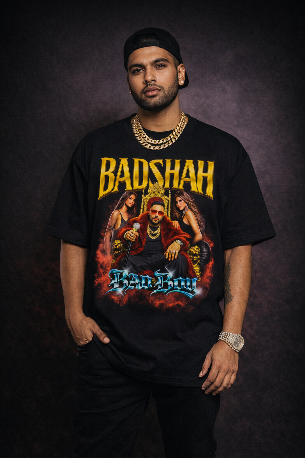 Badshah King Indian hip hop oversized graphic t-shirt for men in bold grunge streetwear style with an energetic vibe.
