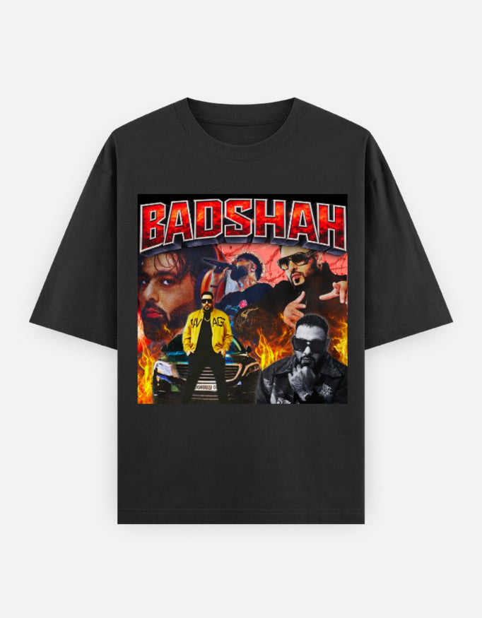 Badshah Y2K grunge desi hip hop unisex oversized graphic t-shirt front with flaming street power and bold hip hop spirit.
