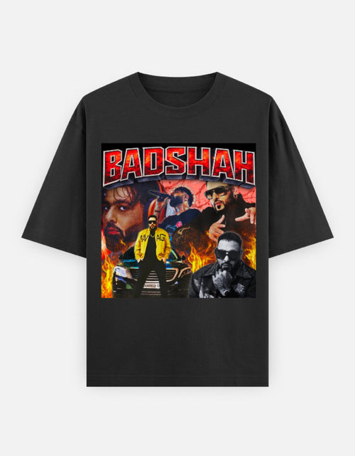 Badshah Y2K grunge desi hip hop unisex oversized graphic t-shirt front with flaming street power and bold hip hop spirit.
