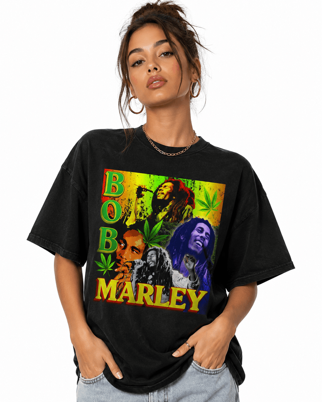 Bob Marley Unisex Oversized Graphic T-Shirt With One Love Rasta Green Design Female Model