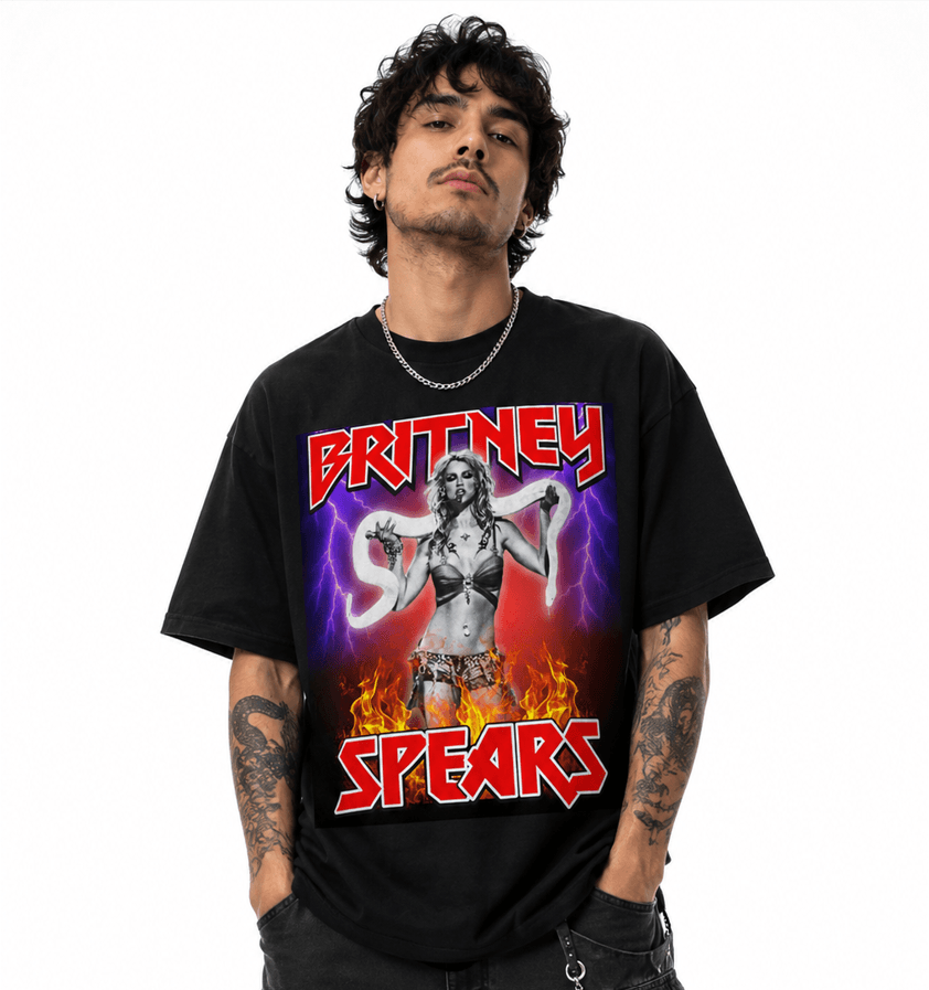 Britney Spears Unisex Oversized Graphic T-Shirt With Toxic Electric Purple Design Male Model