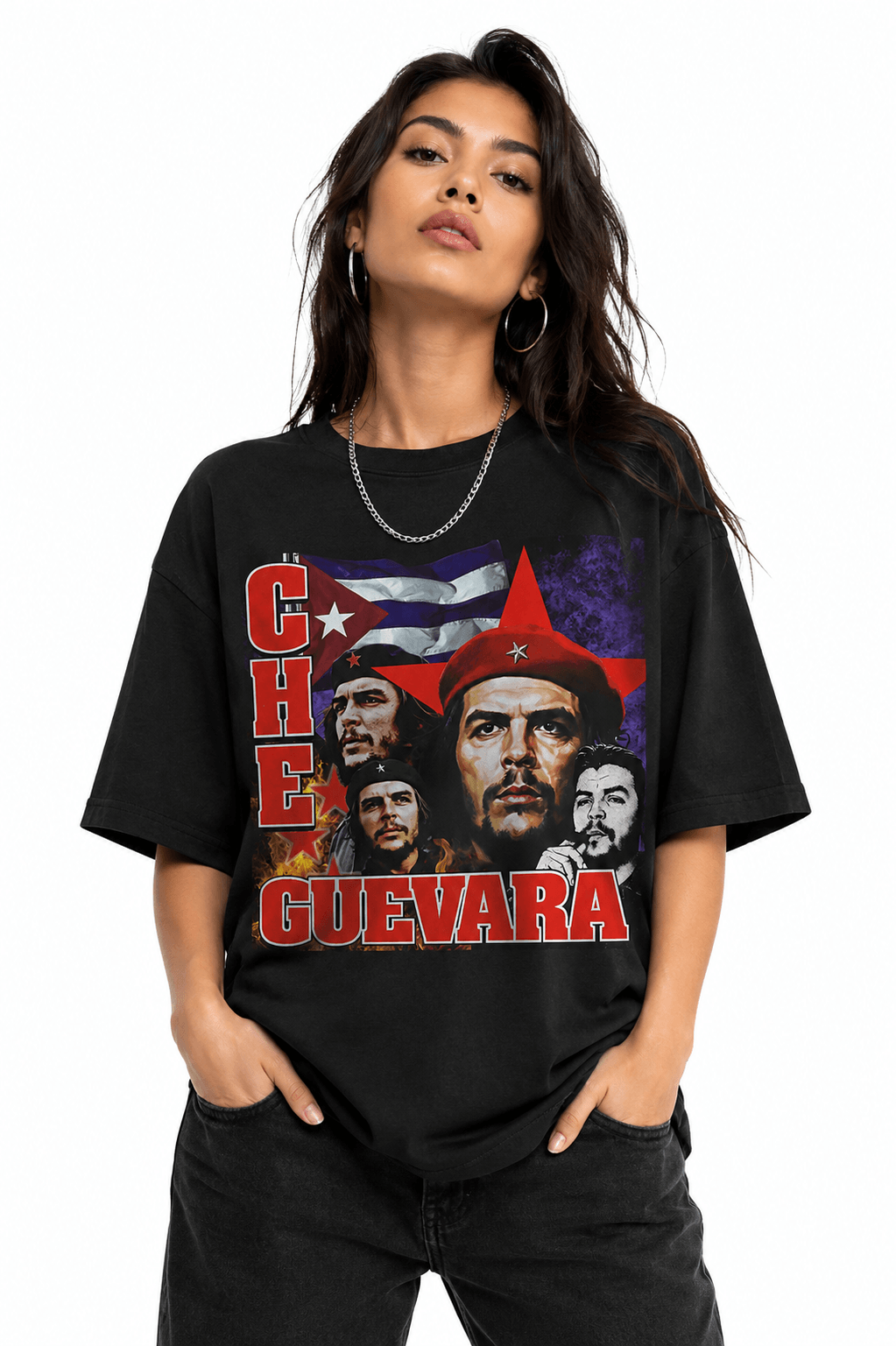 Che Guevera Unisex Oversized Graphic T-Shirt Live Free Die Hard Red Beret Design Female Model