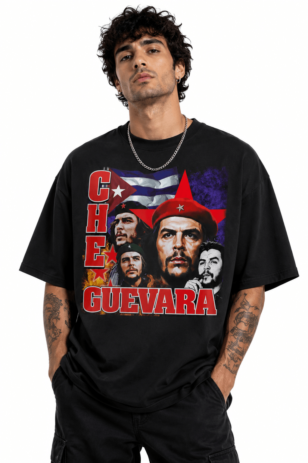 Che Guevera Unisex Oversized Graphic T-Shirt Live Free Die Hard Red Beret Design Male Model