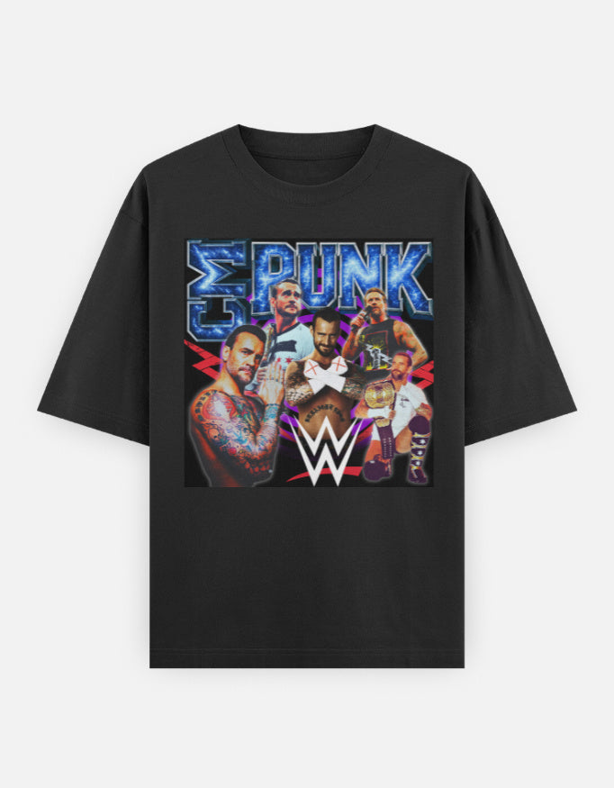 CM Punk Cosmic Energy WWE Tribute Unisex Oversized Graphic T-Shirt front view featuring bold cosmic blue design and red lightning.
