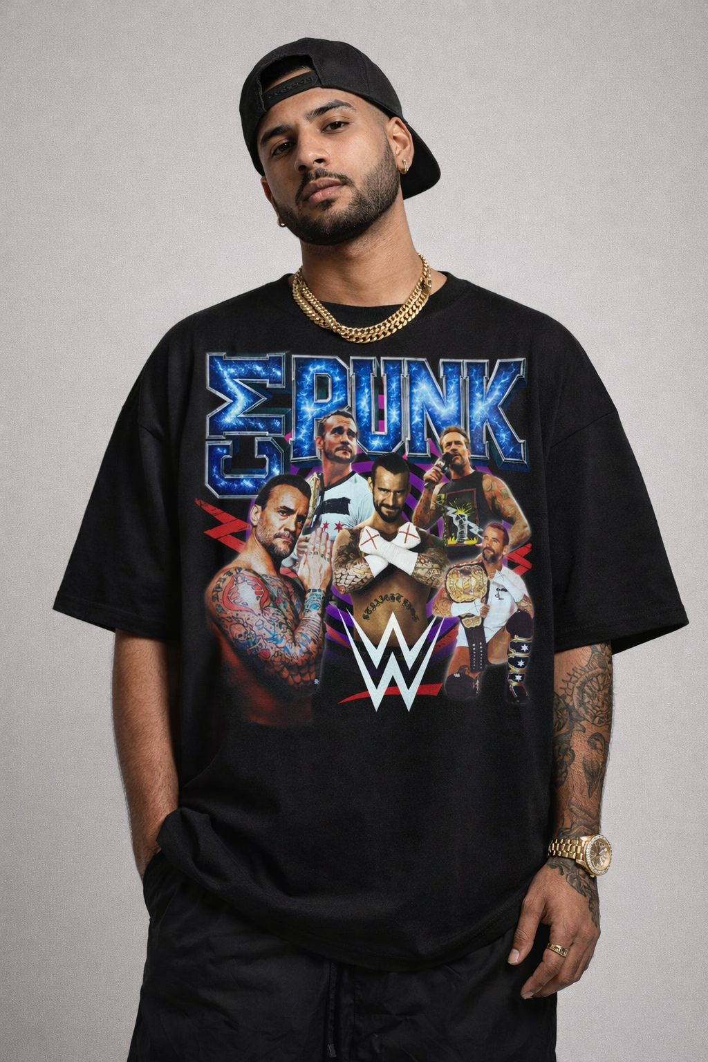 CM Punk Cosmic Energy WWE Tribute Unisex Oversized Graphic T-Shirt men styling showcasing streetwear wrestling attitude.
