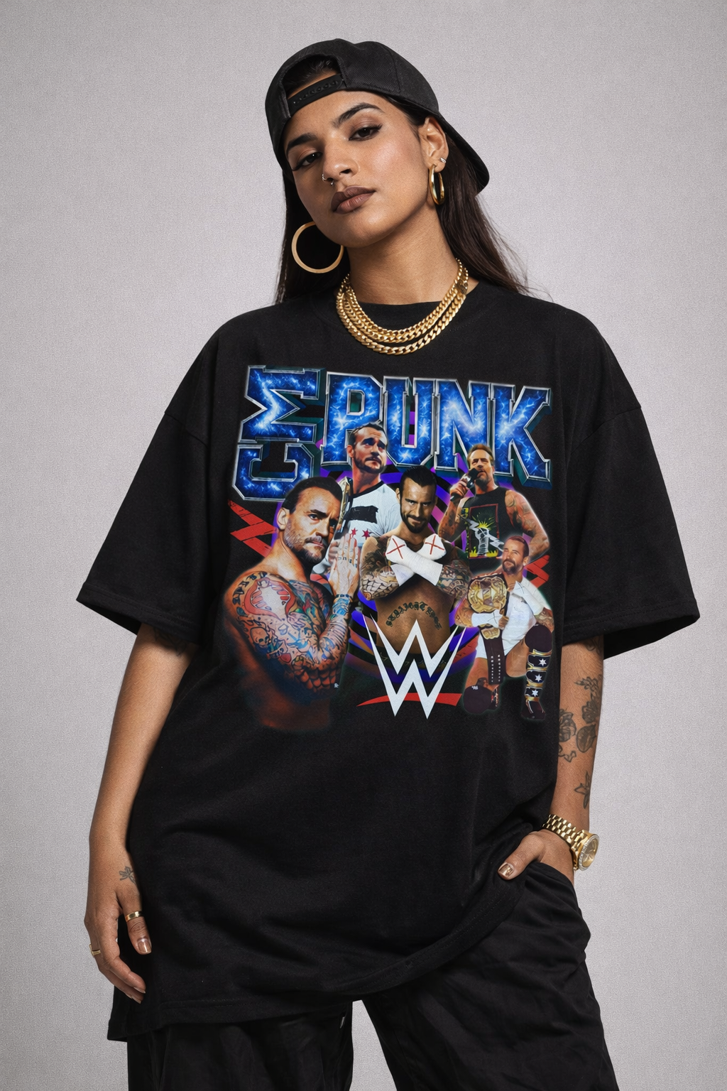 CM Punk Cosmic Energy WWE Tribute Unisex Oversized Graphic T-Shirt women styling featuring purple energy and attitude. 
