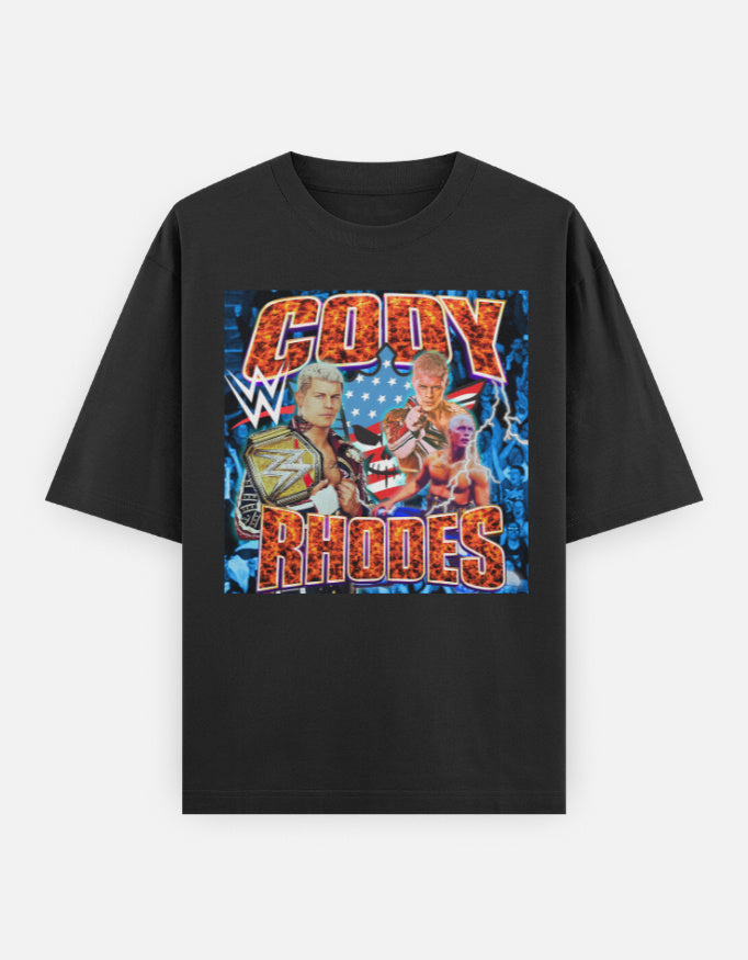 Cody Rhodes Fiery Championship WWE Fan Edition Oversized Graphic T-Shirt with bold fiery wrestling design and legacy energy.