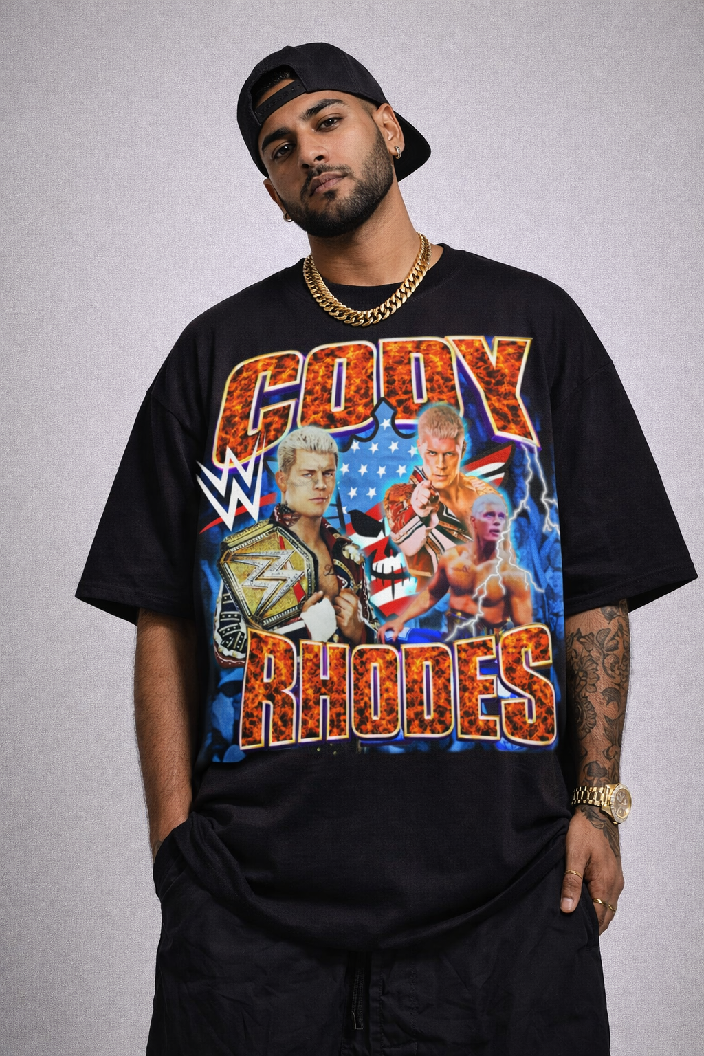Cody Rhodes Fiery Championship WWE Oversized Graphic T-Shirt styled on men showing bold wrestling energy and patriotic fire.

