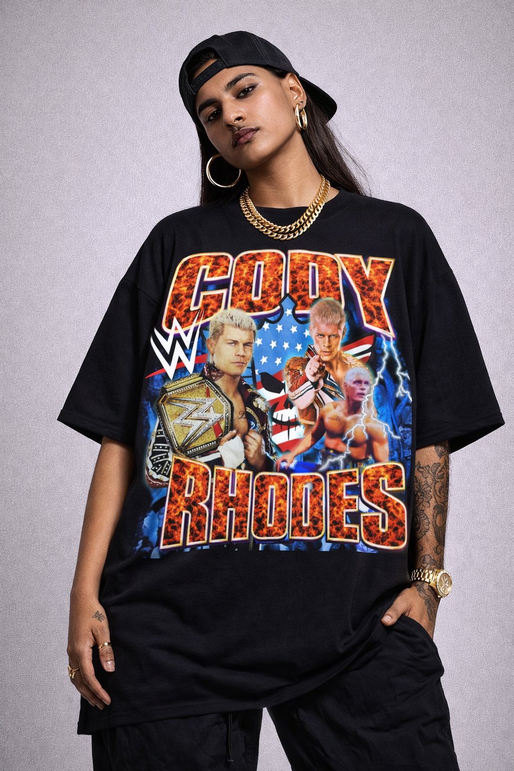 Cody Rhodes Fiery Championship WWE Oversized Graphic T-Shirt styled on women with strong fan edition legacy streetwear vibe.
