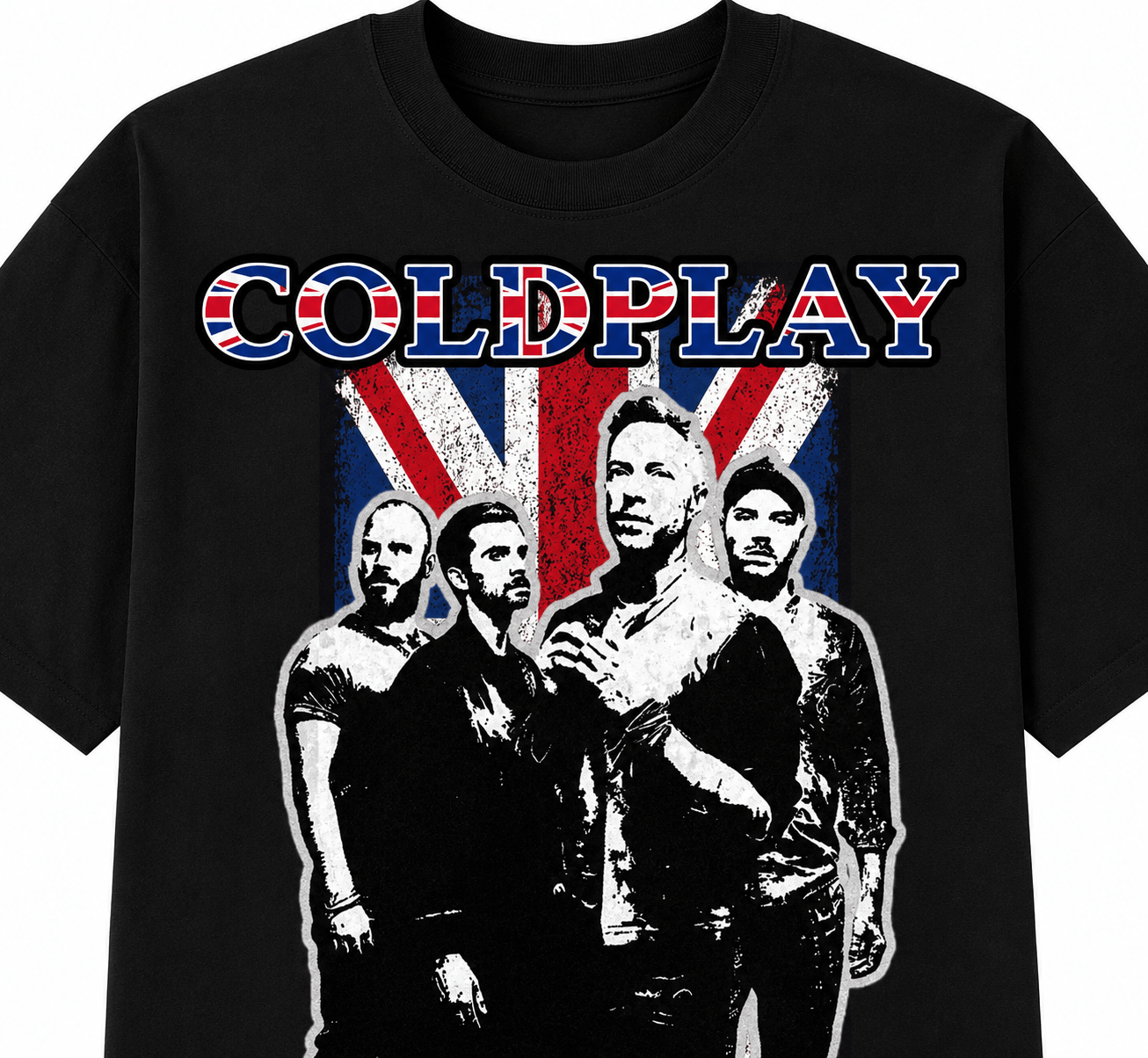 Cold Play Unisex Oversized Graphic T-Shirt Union Jack Vintage Band Collage Design Close Up
