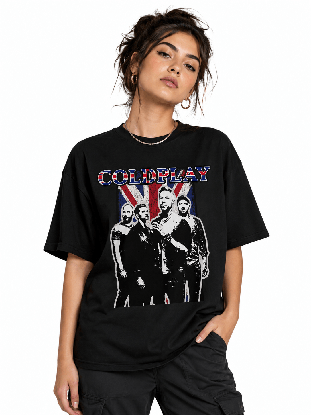 Cold Play Unisex Oversized Graphic T-Shirt Union Jack Vintage Band Collage Design Female Model