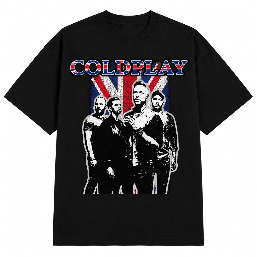 Cold Play Unisex Oversized Graphic T-Shirt Union Jack Vintage Band Collage Design Front 