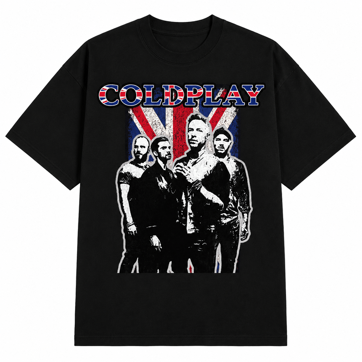 Cold Play Unisex Oversized Graphic T-Shirt Union Jack Vintage Band Collage Design Front 