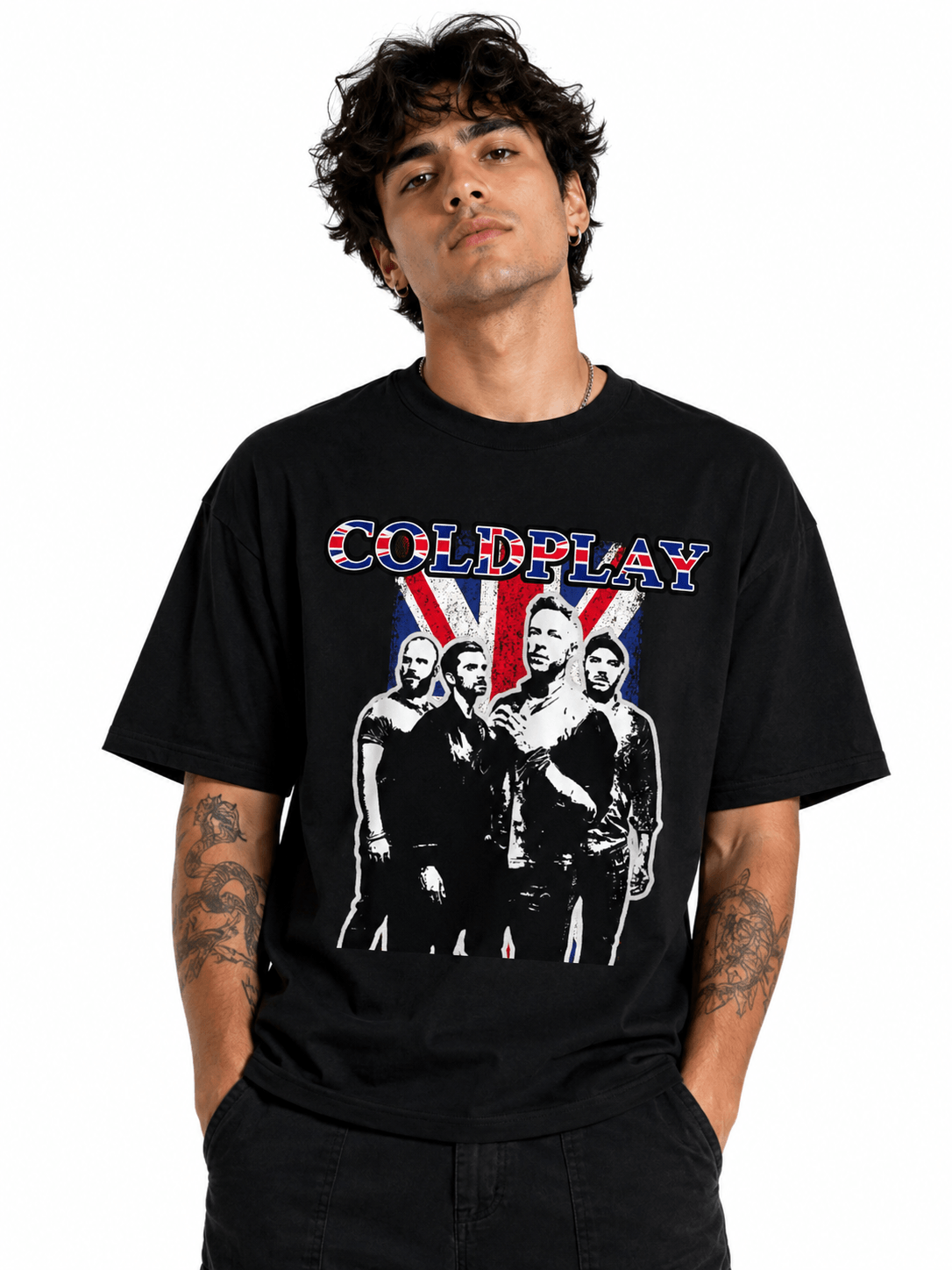 Cold Play Unisex Oversized Graphic T-Shirt Union Jack Vintage Band Collage Design Male Model