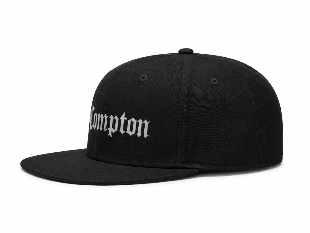 Compton OG Unisex Snapback Cap With White Gothic Lettering Design