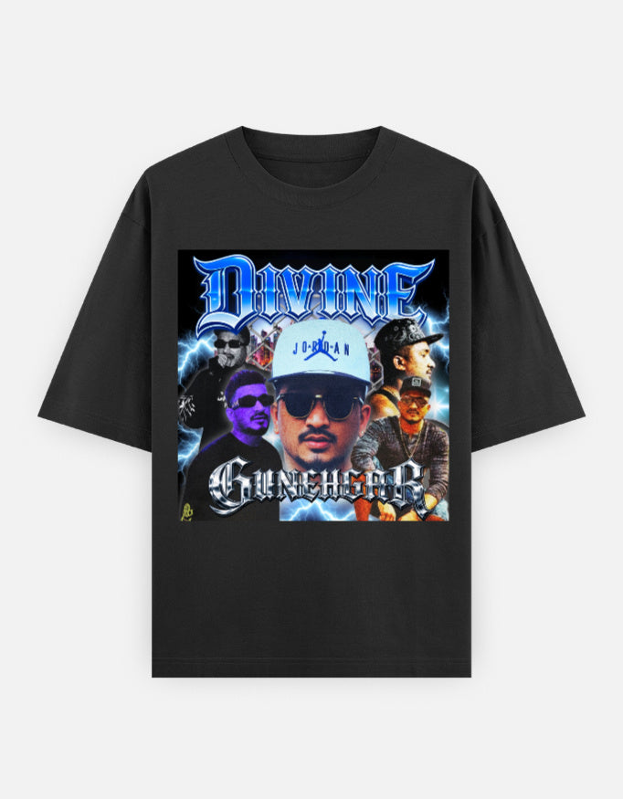 Divine Gunheads Punya Paap Duality unisex oversized graphic T-shirt front with bold electric design and raw energy.