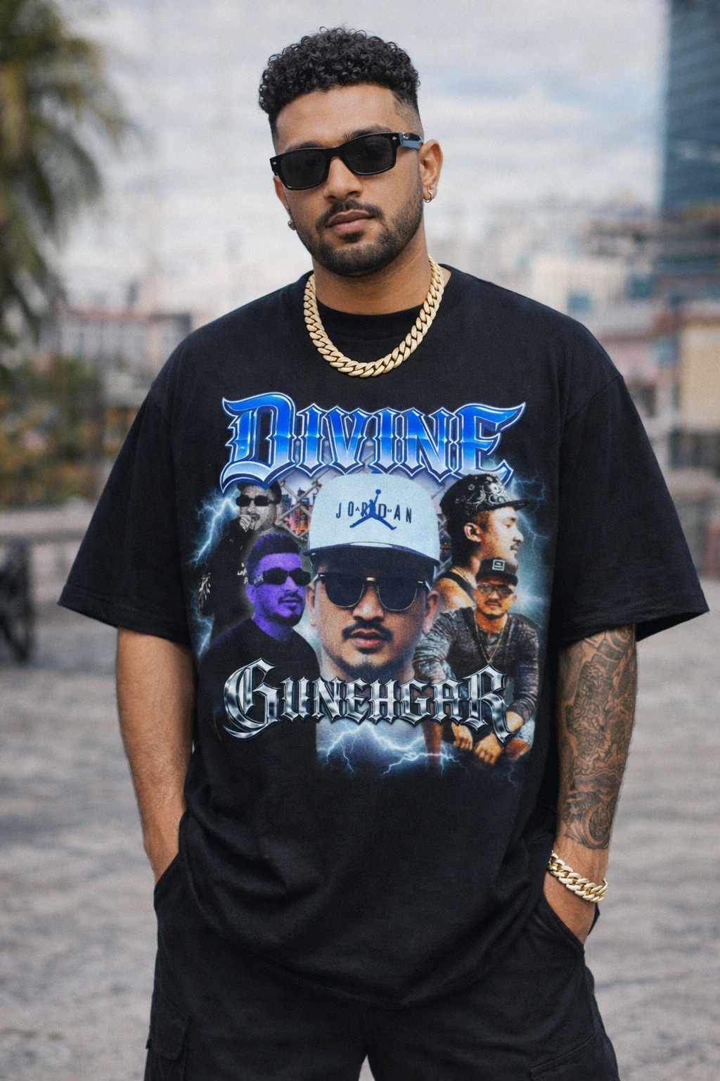 Divine Gunheads Punya Paap Oversized Graphics T Shirt for Men Featuring SIgnature Snap Back Jordan Cap and SHades
