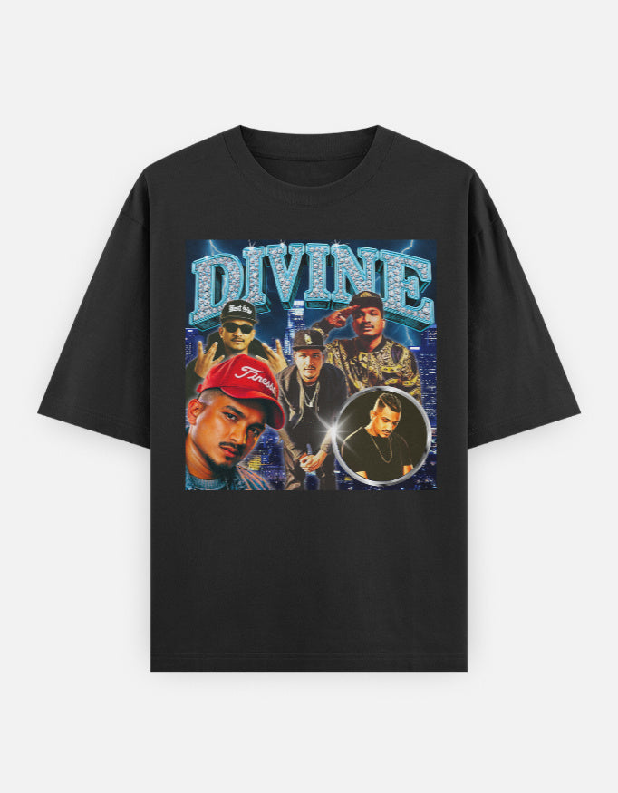 Divine iced out shine Indian hip hop unisex oversized graphic T-shirt front, Mumbai streetwear culture, 100% cotton, rep dreams.

