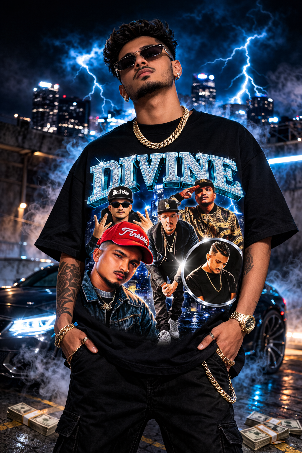 Divine iced out shine Indian hip hop oversized graphic T-shirt men look, Mumbai streetwear culture, rep dreams style.
