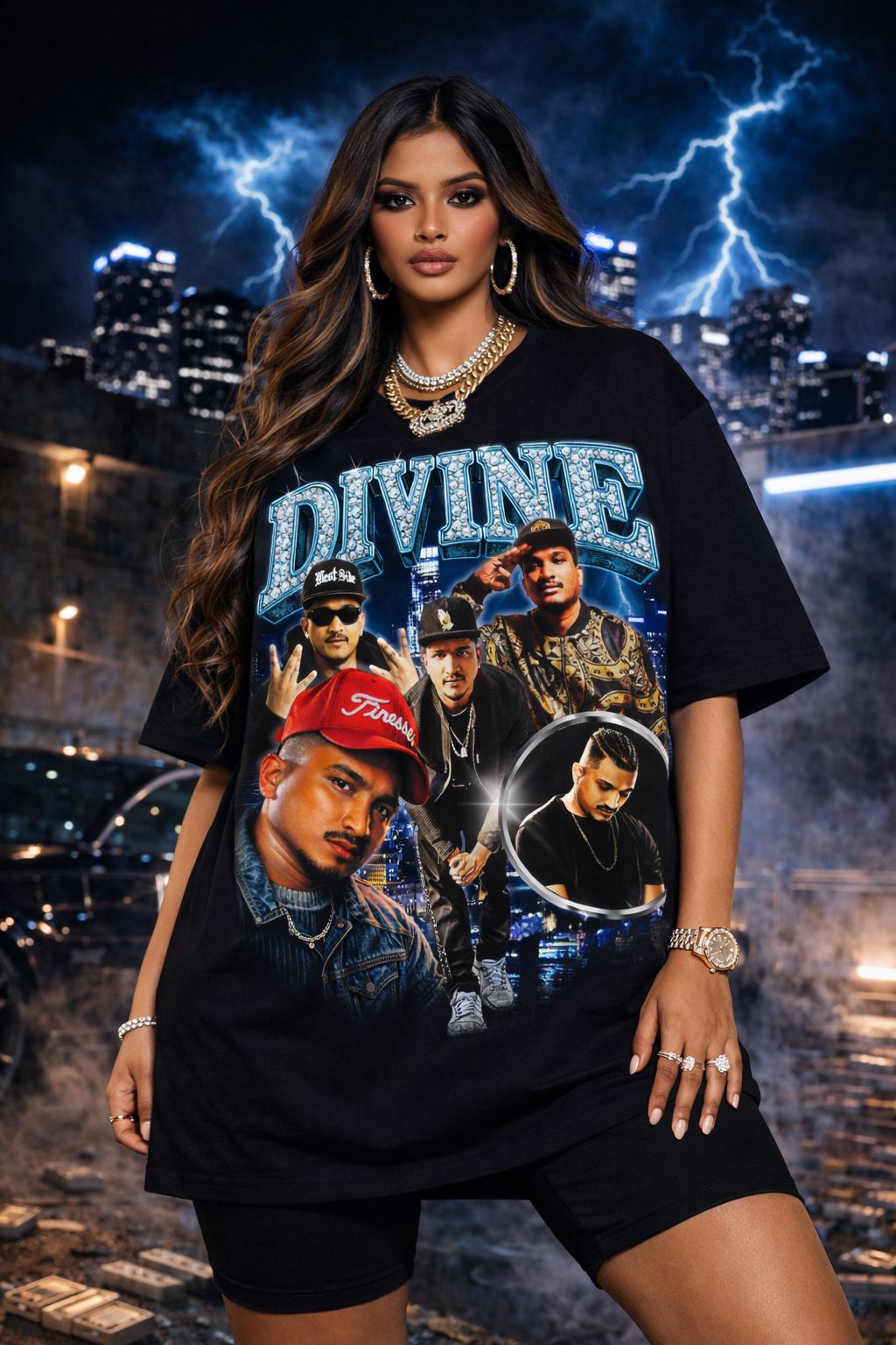 Divine iced out shine Indian hip hop oversized graphic T-shirt women look, unisex streetwear, 100% cotton, rep dreams vibe.

