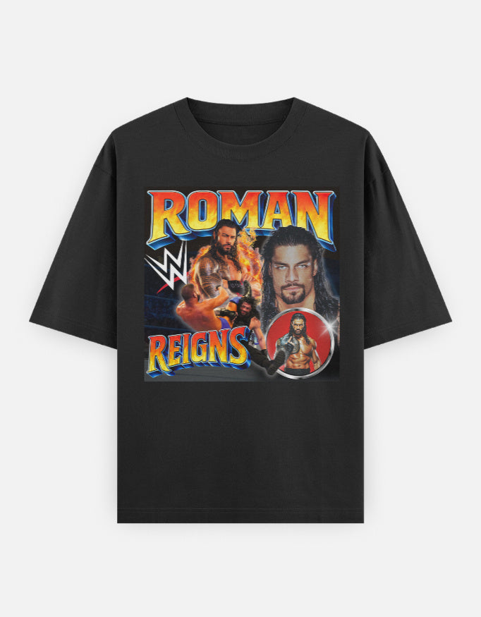 Roman Reigns Tribal Firestorm WWE Unisex Oversized Graphic T-Shirt with bold Chief energy and fiery design.
