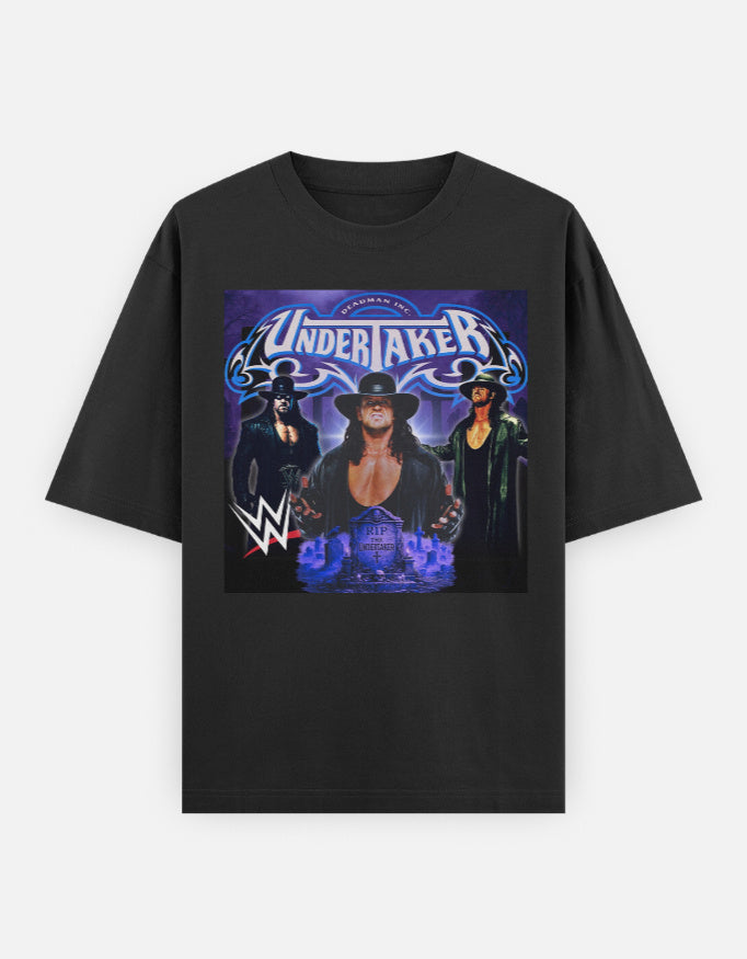 Undertaker Deadman Legacy WWE Vintage Unisex Oversized Graphic T-Shirt front print with bold wrestling artwork and dark tones.