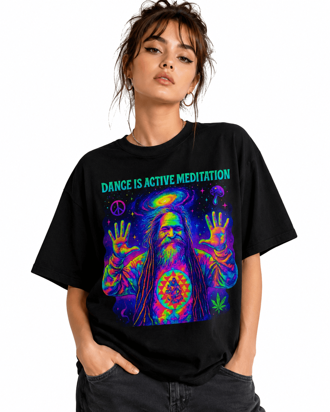 Goa Gil Unisex Oversized Graphic T Shirt With Dance Is Active Meditation Neon Psychedelic Design Female Model