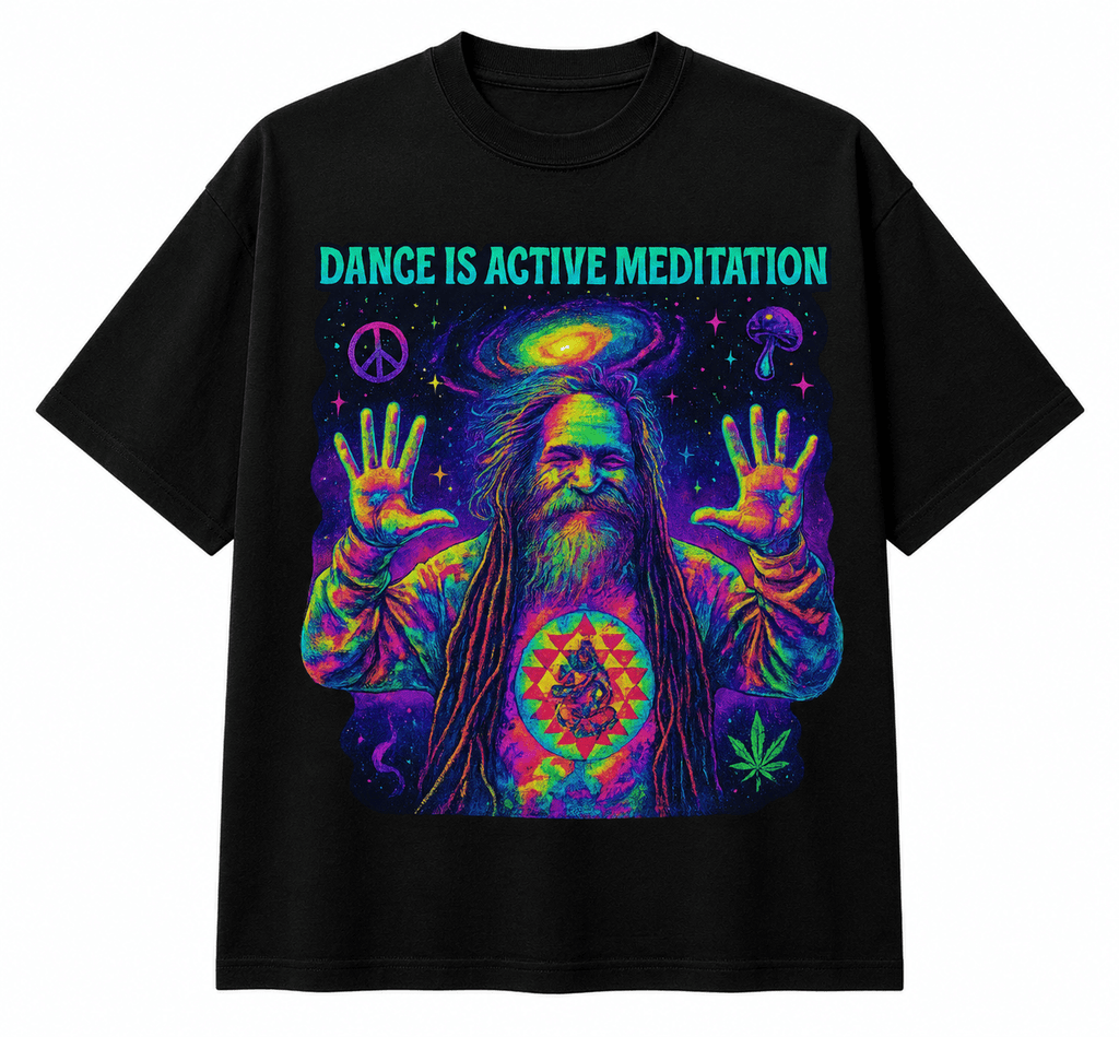 Goa Gil Unisex Oversized Graphic T Shirt With Dance Is Active Meditation Neon Psychedelic Design Front 