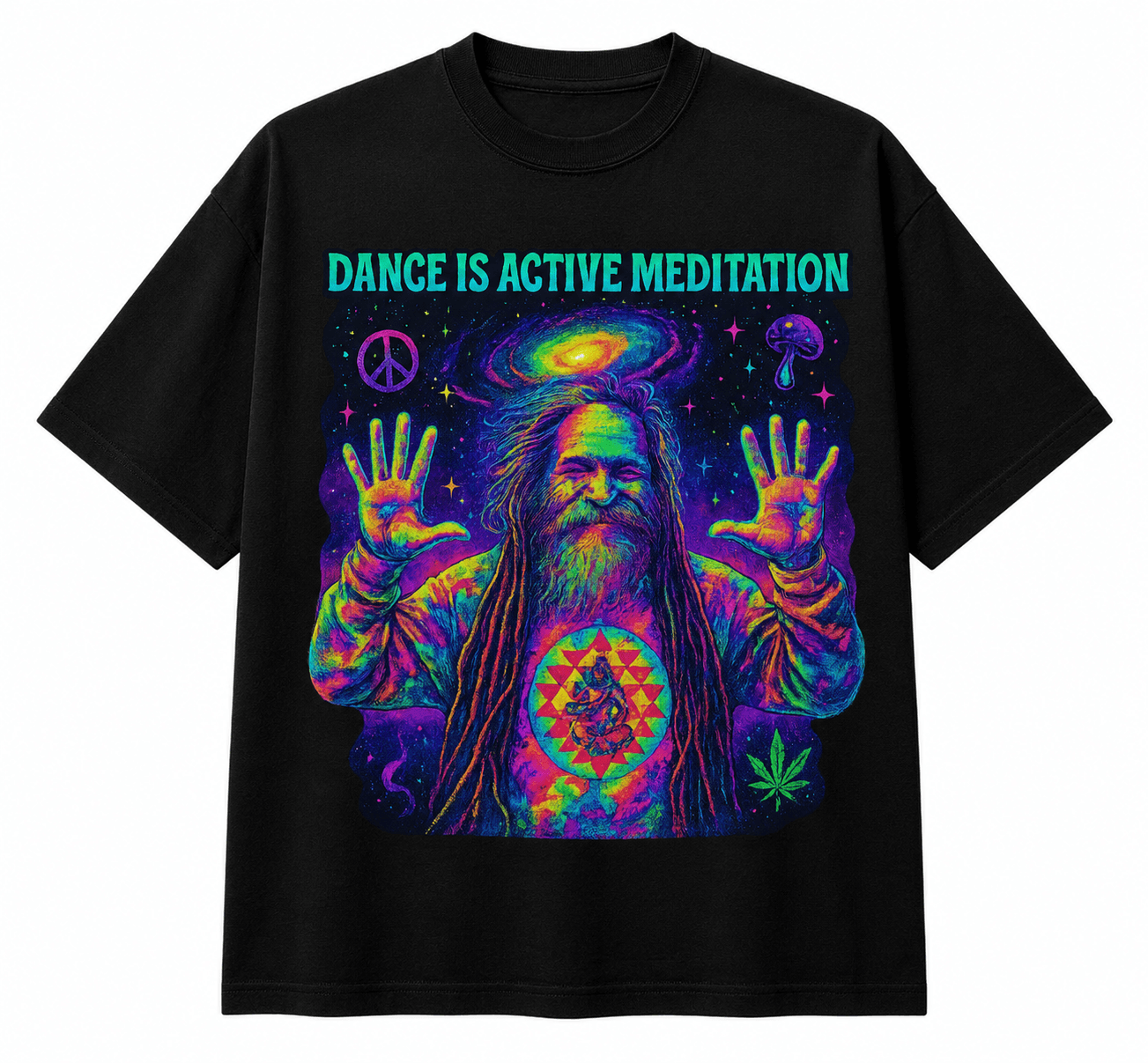 Goa Gil Unisex Oversized Graphic T Shirt With Dance Is Active Meditation Neon Psychedelic Design Front 