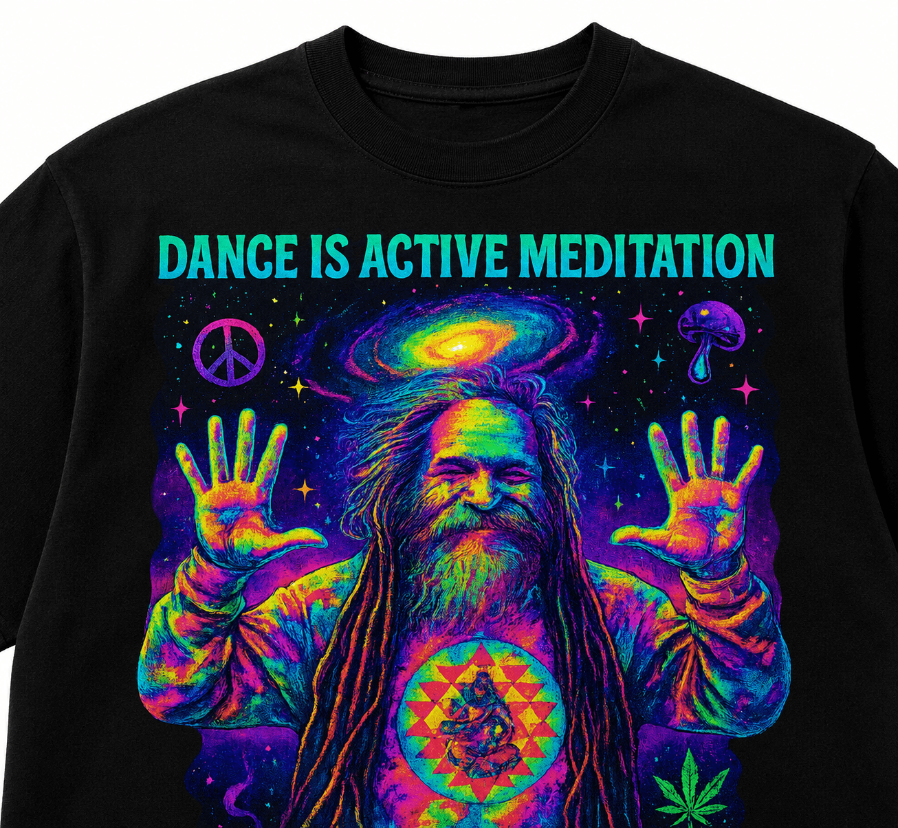 Goa Gil Unisex Oversized Graphic T Shirt With Dance Is Active Meditation Neon Psychedelic Design Close Up