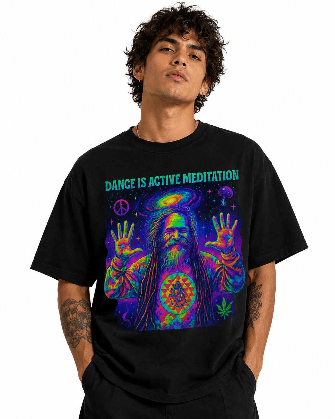 Goa Gil Unisex Oversized Graphic T Shirt With Dance Is Active Meditation Neon Psychedelic Design Male Model