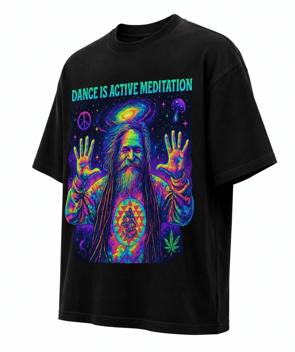 Goa Gil Unisex Oversized Graphic T Shirt With Dance Is Active Meditation Neon Psychedelic Design Side