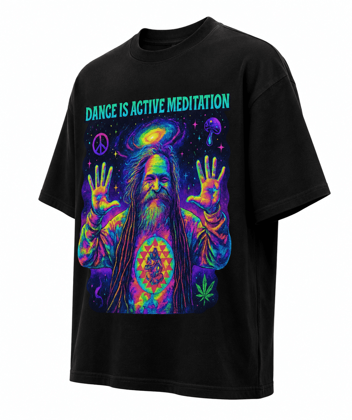 Goa Gil Unisex Oversized Graphic T Shirt With Dance Is Active Meditation Neon Psychedelic Design Side